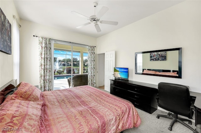 carpeted bedroom with access to outside and ceiling fan