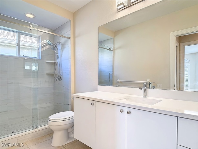 bathroom featuring tile patterned floors, vanity, an enclosed shower, and toilet