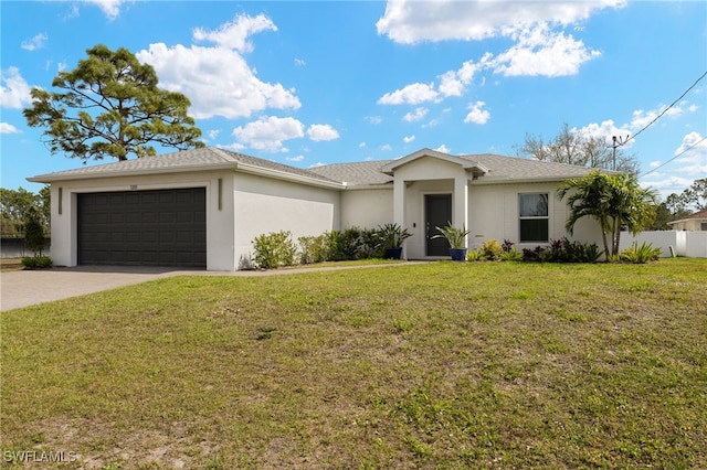 view of front of home with an attached garage, driveway, a front lawn, and stucco siding