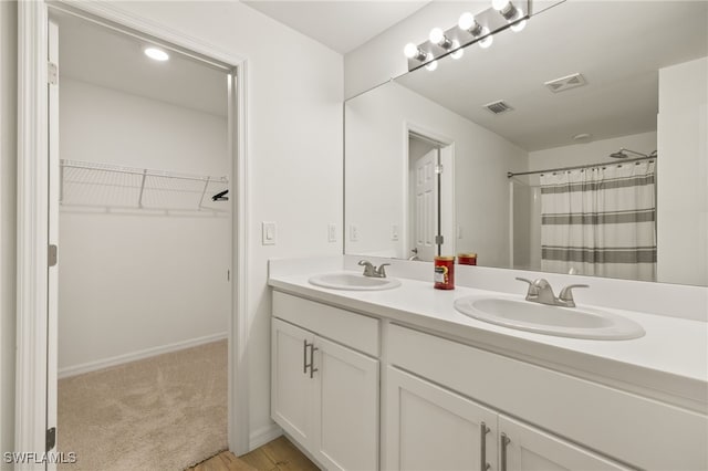 bathroom with a spacious closet, a sink, and visible vents