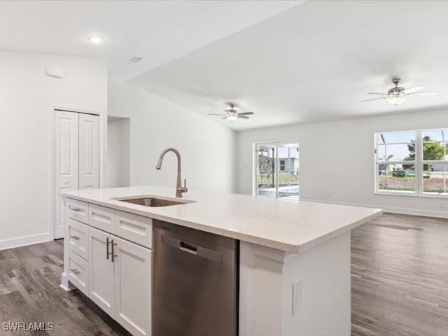 kitchen with dishwasher, sink, dark hardwood / wood-style floors, an island with sink, and white cabinetry