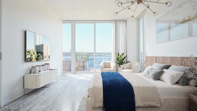 bedroom featuring floor to ceiling windows, access to outside, a water view, wood-type flooring, and a chandelier