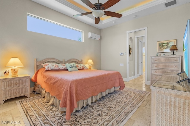 bedroom with a wall unit AC, ceiling fan, and crown molding