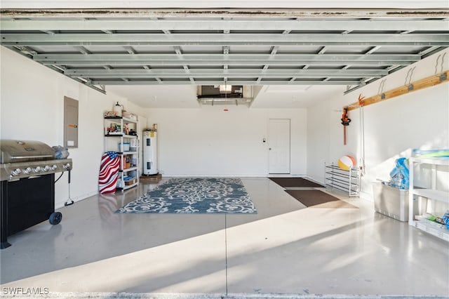 garage with electric panel and water heater