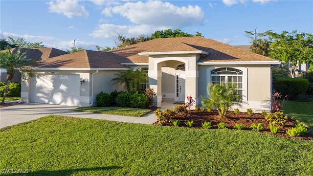 single story home featuring a front yard and a garage