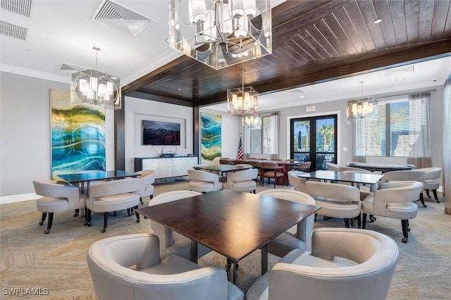 dining area featuring wooden ceiling, ornamental molding, and french doors