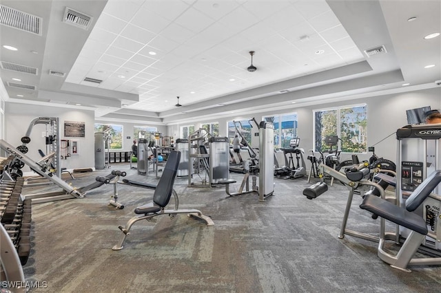 exercise room featuring a paneled ceiling and a raised ceiling