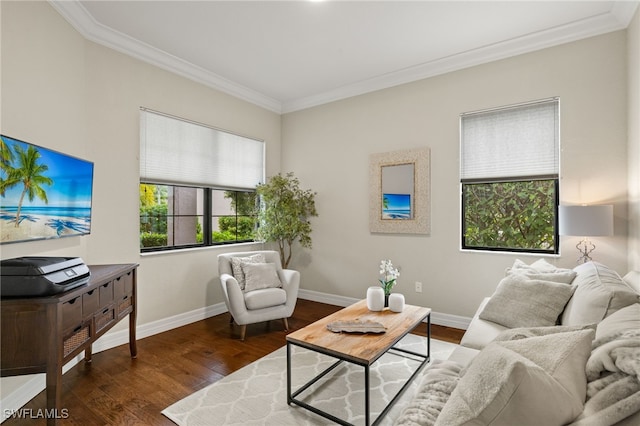 living room featuring dark hardwood / wood-style flooring and ornamental molding