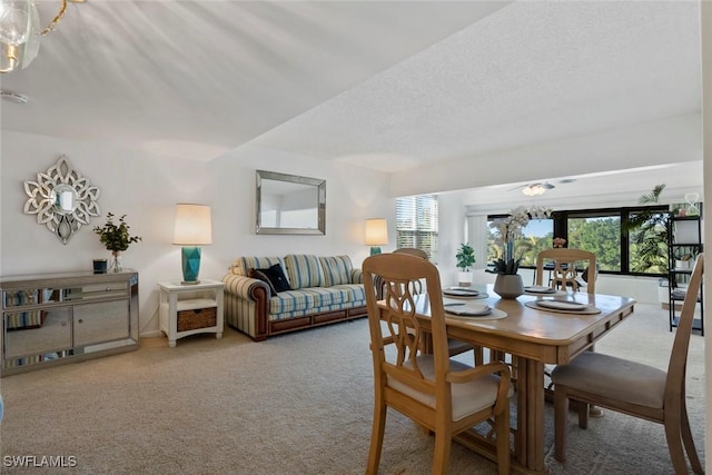 dining room featuring carpet flooring and a textured ceiling