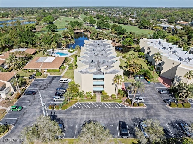 bird's eye view with a water view