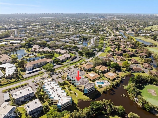 aerial view with a water view and a residential view