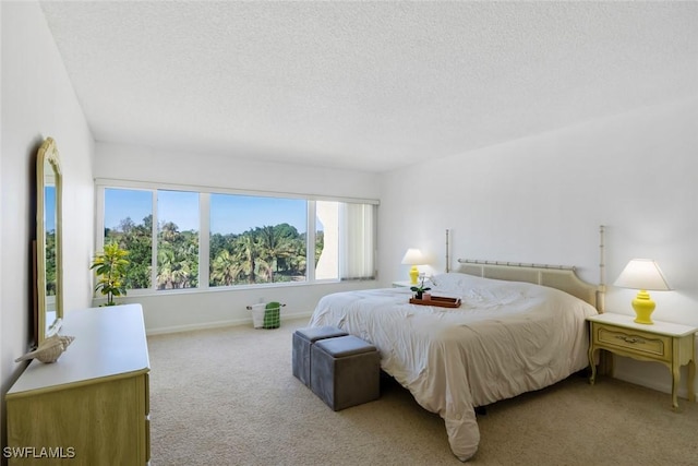carpeted bedroom with a textured ceiling and baseboards