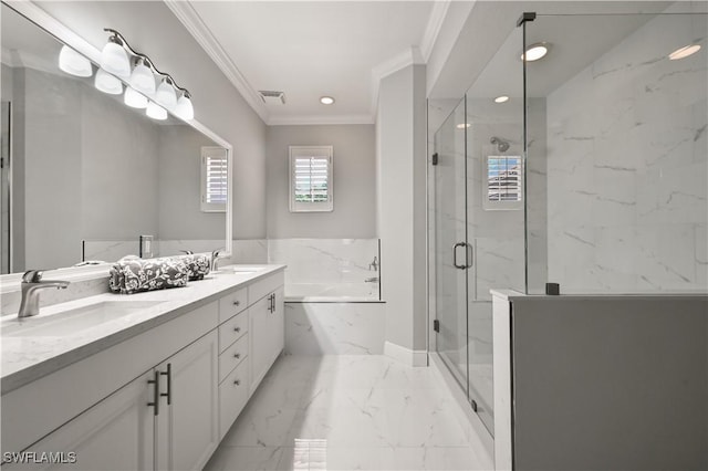 bathroom featuring vanity, separate shower and tub, and ornamental molding