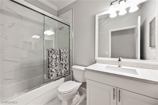 full bathroom with shower / bath combination with glass door, vanity, toilet, and crown molding