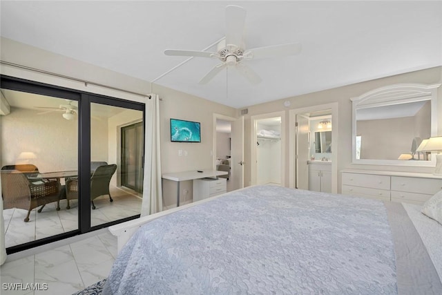 bedroom featuring connected bathroom and ceiling fan