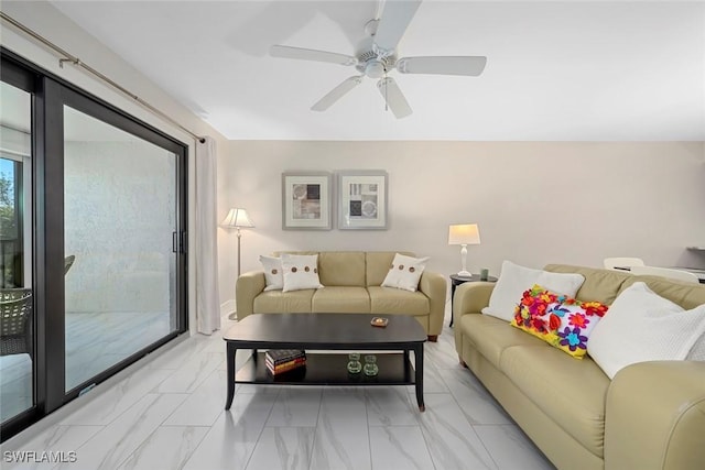 living room with ceiling fan