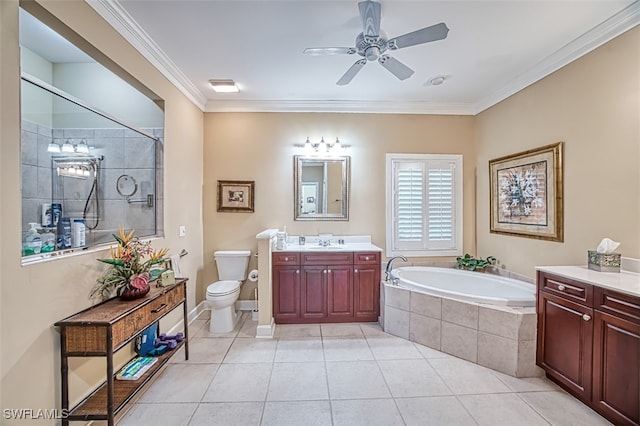 full bathroom featuring ceiling fan, tile patterned flooring, toilet, vanity, and ornamental molding