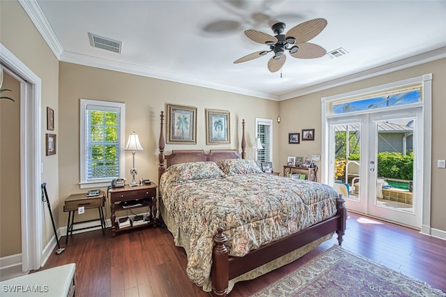 bedroom with access to outside, french doors, crown molding, ceiling fan, and dark hardwood / wood-style floors