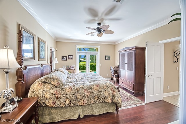 bedroom featuring french doors, dark hardwood / wood-style flooring, ceiling fan, and crown molding