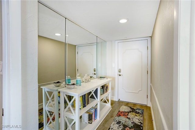 bathroom with wood-type flooring