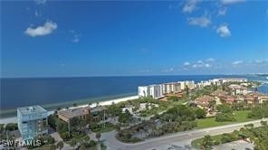 bird's eye view featuring a water view and a beach view