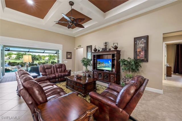 living room featuring light tile patterned floors, ornamental molding, coffered ceiling, and ceiling fan