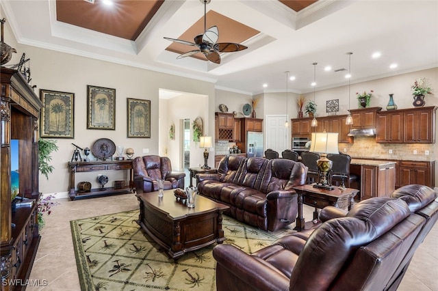 tiled living room with beamed ceiling, crown molding, ceiling fan, and coffered ceiling