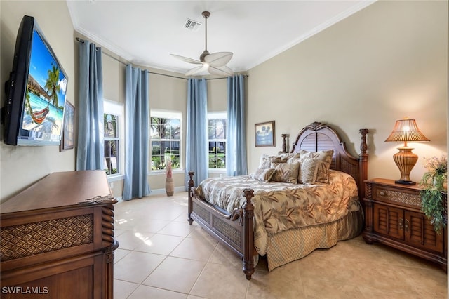 tiled bedroom featuring ceiling fan and crown molding