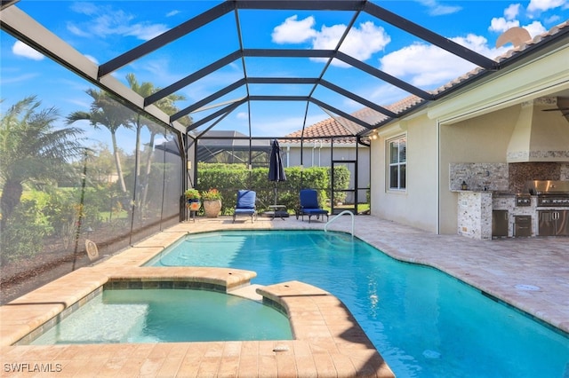 view of swimming pool with glass enclosure, area for grilling, a patio area, and a grill