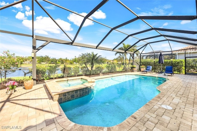 view of swimming pool featuring glass enclosure, a water view, an in ground hot tub, and a patio