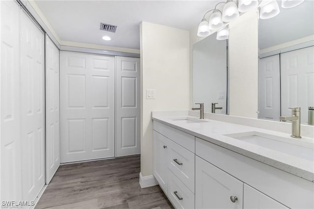 bathroom with hardwood / wood-style floors and vanity