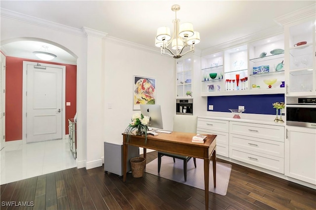 home office with ornamental molding, dark wood-type flooring, and a notable chandelier