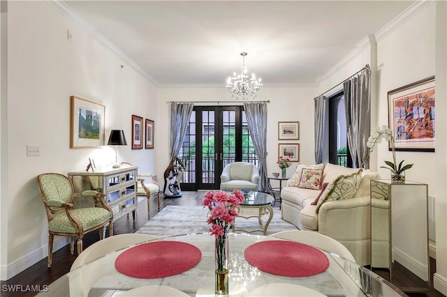 interior space with french doors, ornamental molding, an inviting chandelier, and dark wood-type flooring