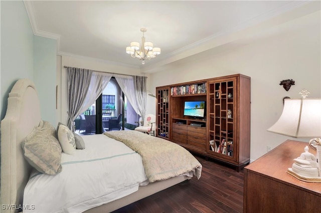 bedroom with crown molding, access to outside, a chandelier, and dark hardwood / wood-style flooring