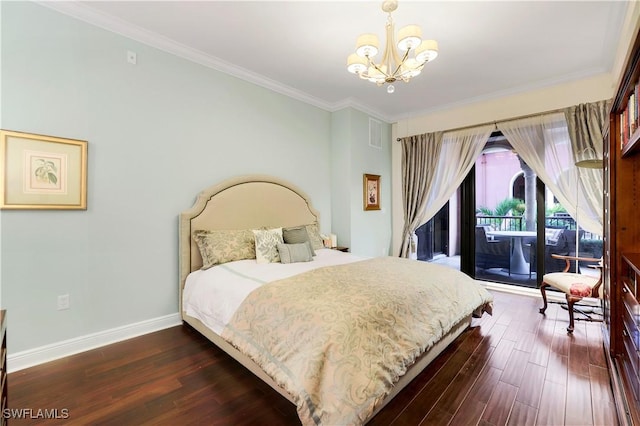 bedroom featuring access to exterior, a notable chandelier, ornamental molding, and dark hardwood / wood-style floors