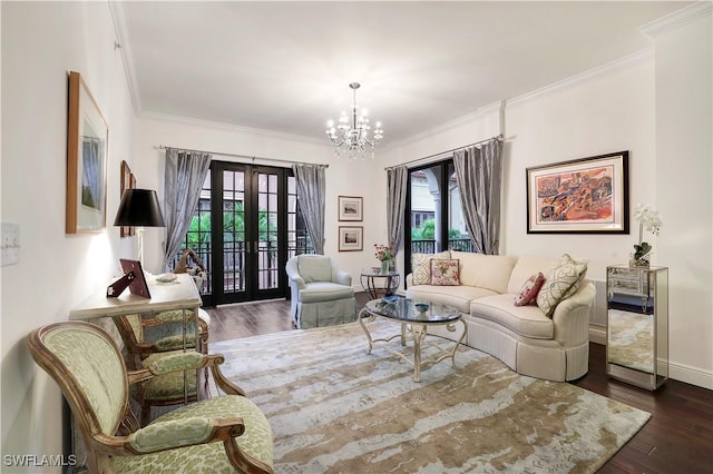 living room featuring crown molding, plenty of natural light, dark wood-type flooring, and french doors