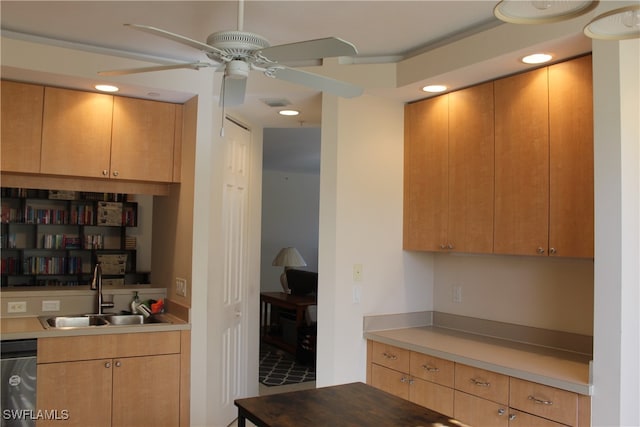 kitchen featuring stainless steel dishwasher, ceiling fan, and sink