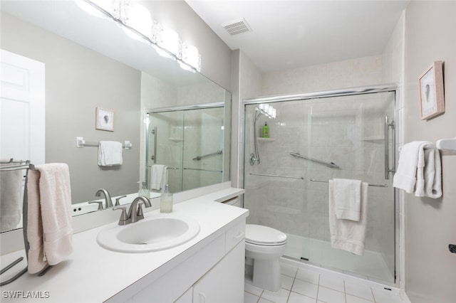 bathroom featuring tile patterned flooring, toilet, an enclosed shower, and vanity