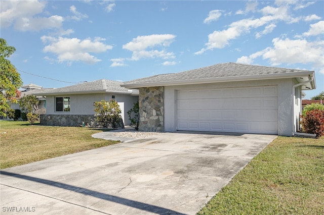 ranch-style house featuring a garage and a front lawn