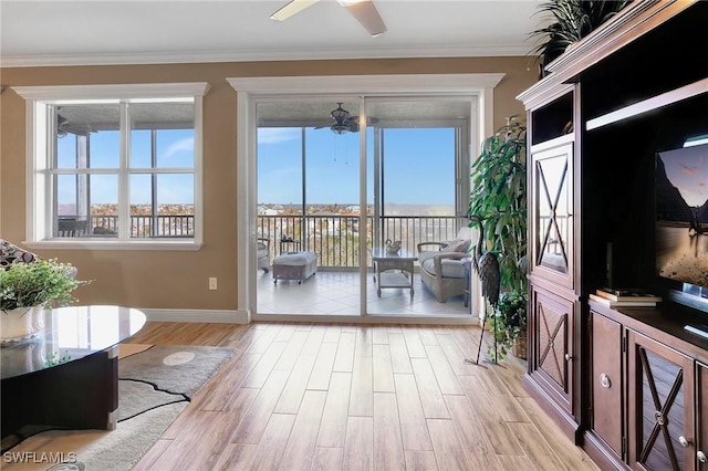 doorway featuring crown molding, light hardwood / wood-style flooring, ceiling fan, and plenty of natural light