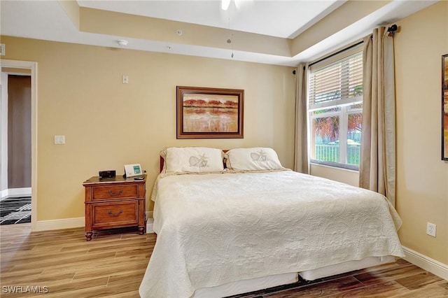 bedroom with a raised ceiling and light hardwood / wood-style flooring