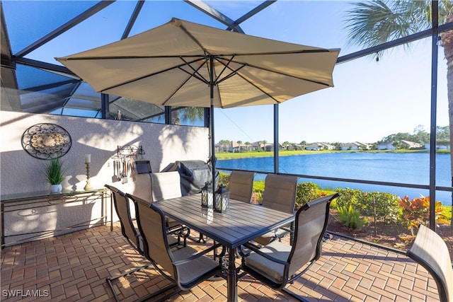 view of patio featuring a water view