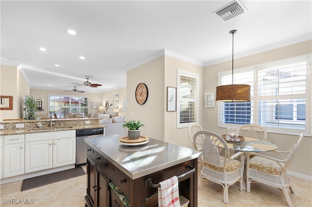 kitchen featuring white cabinets, dark brown cabinets, crown molding, pendant lighting, and dishwasher