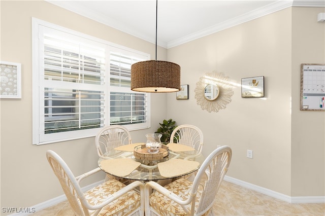 tiled dining area with ornamental molding and a wealth of natural light