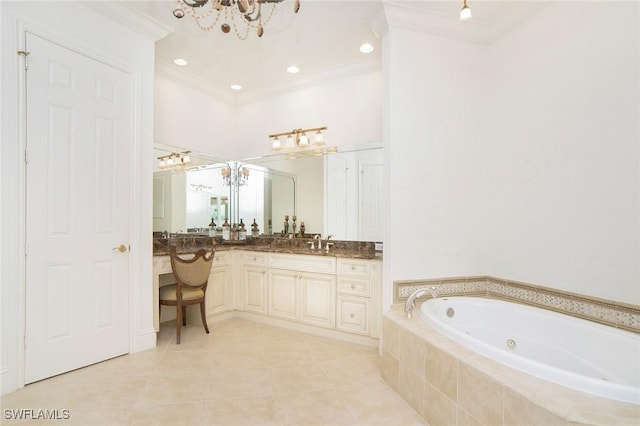 bathroom featuring tiled bath, a notable chandelier, tile patterned floors, ornamental molding, and vanity