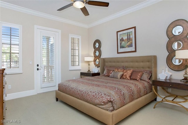 bedroom with access to outside, ceiling fan, carpet floors, and ornamental molding