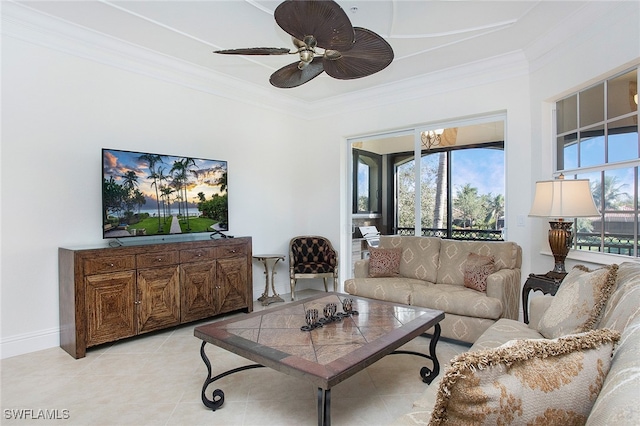 living room with ceiling fan, light tile patterned floors, and crown molding