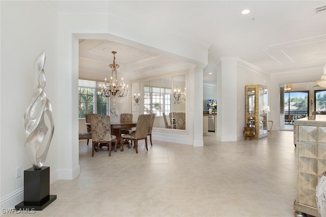 dining room with crown molding and a notable chandelier