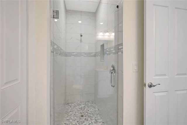 bathroom featuring a shower with shower door