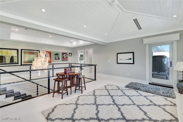 interior space featuring wood ceiling and vaulted ceiling